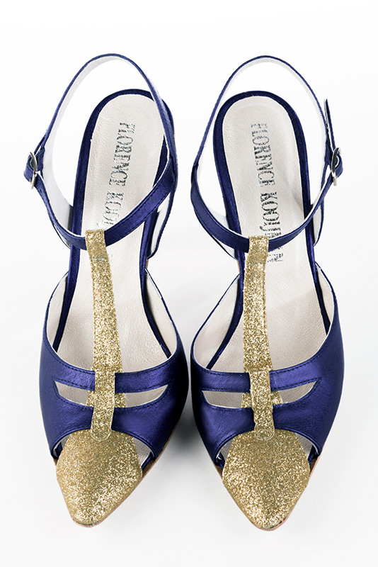 Gold and amethyst purple women's open back T-strap shoes. Tapered toe. Very high slim heel. Top view - Florence KOOIJMAN